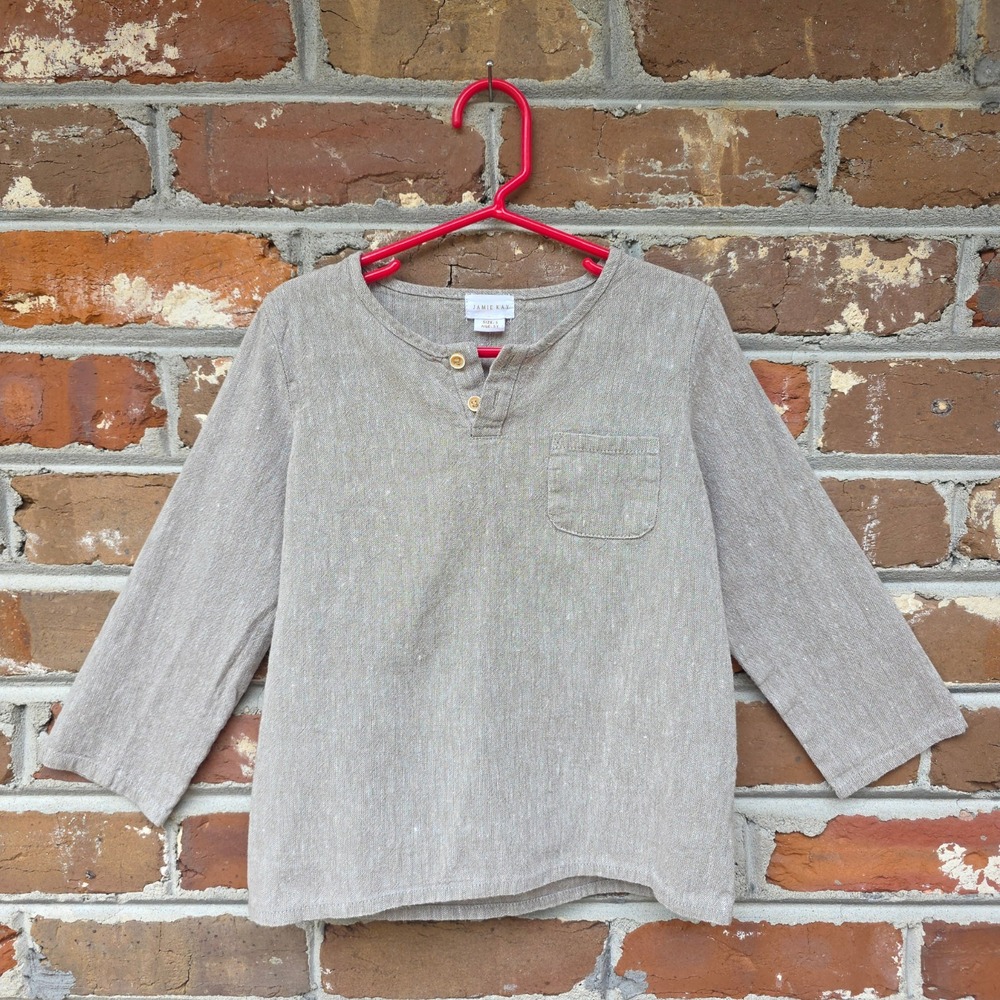 Jamie Kay Linen Long Sleeve Top Unisex 5Y Beige Natural Henley Neckline Pullover